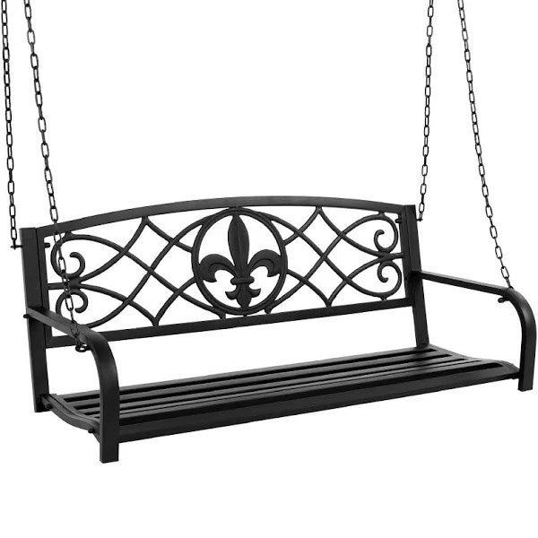 Best Choice Products Outdoor Furniture Metal Fleur-De-Lis Hanging Patio Porch Swing - Black (170)