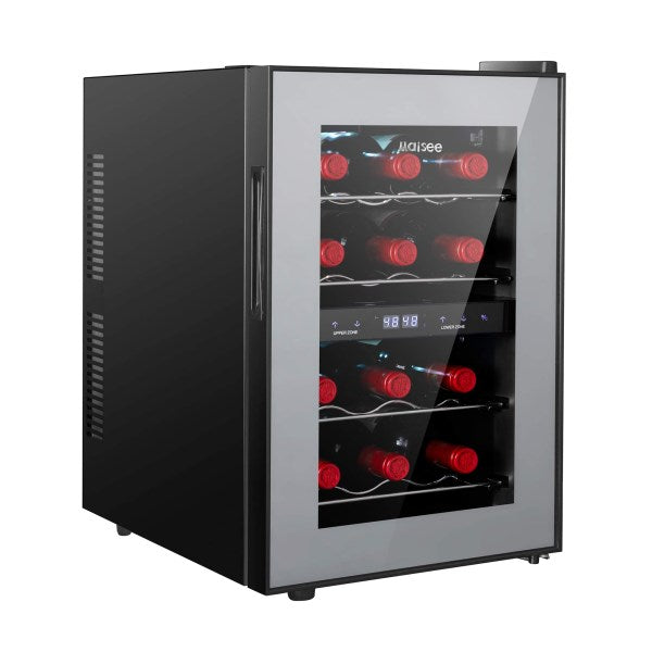 Dual Zone Wine Cooler, Maisee 12 Bottles Mini Small Wine Cooler Refrigeartor Chiller Fridge 45f-65f for Reds Whites Wine Champagne Sparkling in Home