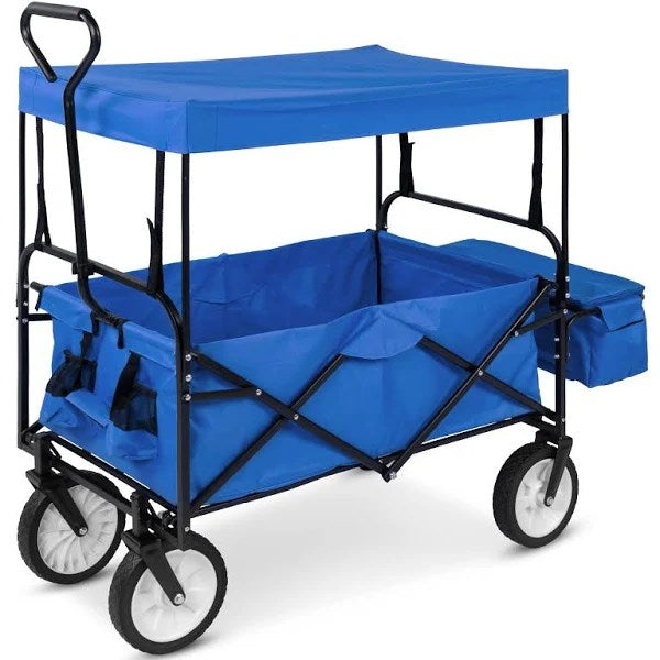 Best Choice Products Folding Utility Cargo Wagon Cart Removable Canopy, Cup Holders - Blue
