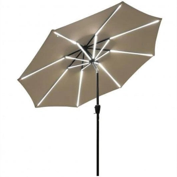 9ft Solar LED Market Umbrella with Aluminum Crank Tilt 16 Strip Lights-Tan - Color: Tan