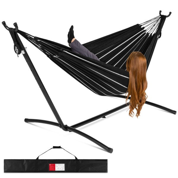 Best Choice Products 2-Person Brazilian-Style Cotton Double Hammock with Stand Set Carrying Bag - Onyx