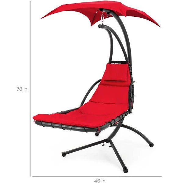 Best Choice Products Hanging Curved Chaise Lounge Chair Swing for Backyard, Patio Pillow, Canopy, Stand - Red