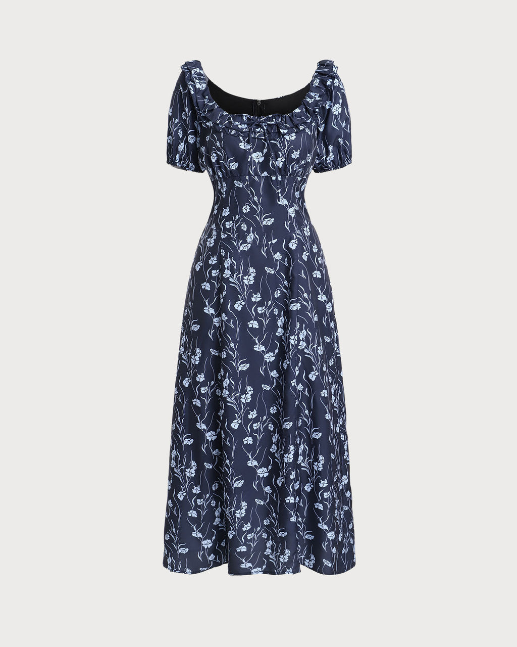 Navy Floral U-Neck Puffed-Sleeve Maxi Dress