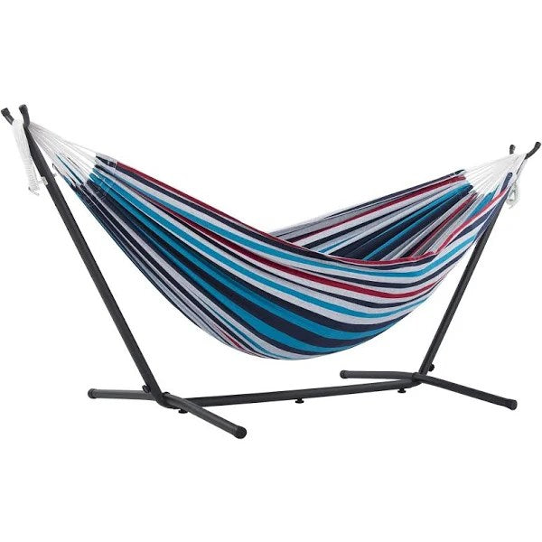 Vivere Double Hammock with Space Saving Steel Stand, Denim