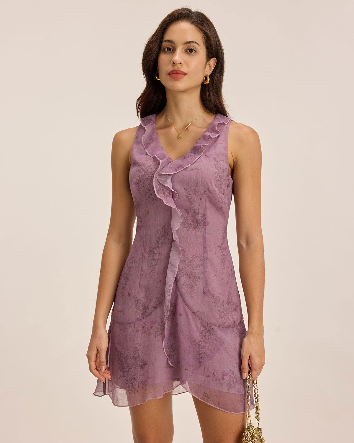 Purple Floral V Neck Ruffle Sleeveless Mini Dress