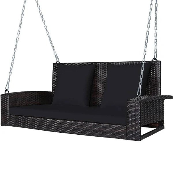Costway 2-Person Patio Rattan Hanging Porch Swing Bench Chair Black Cushion