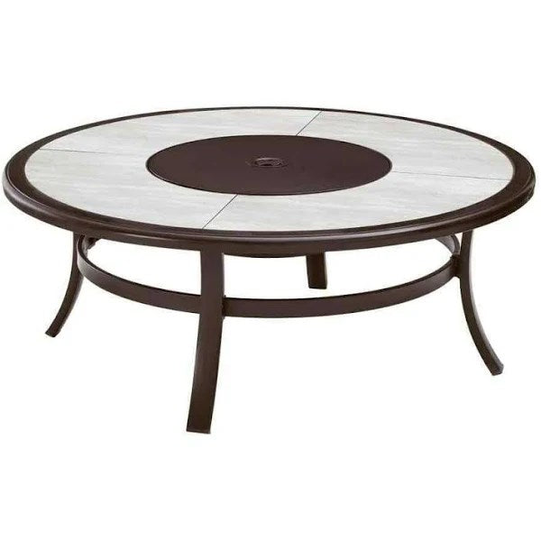 Hampton Bay Whitfield 48 in. Round Galvanized Steel Wood Burning Fire Pit Table in Dark Brown with Stone Look Tile Top