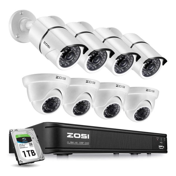 ZOSI 720p HD-TVI 8 Channel Security Camera System,1080N Surveillance DVR Reorder with Hard Drive 1TB and (8) HD 1280TVL Outdoor/Indoor Weatherproof