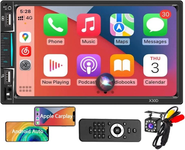 Double DIN Car Stereo with Apple Carplay and Android Auto, 7 inch Touchscreen Radio with 2 USB Ports Bluetooth 5.0 and 12led Backup Camera, Phone