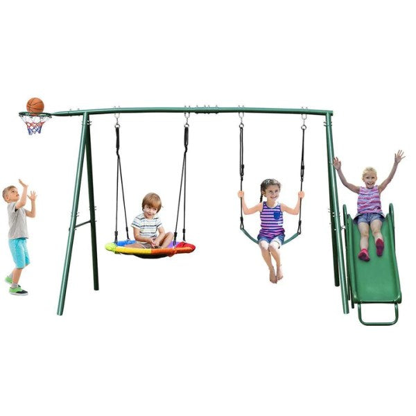550lbs Large Outdoor Metal Swing Set with Slide