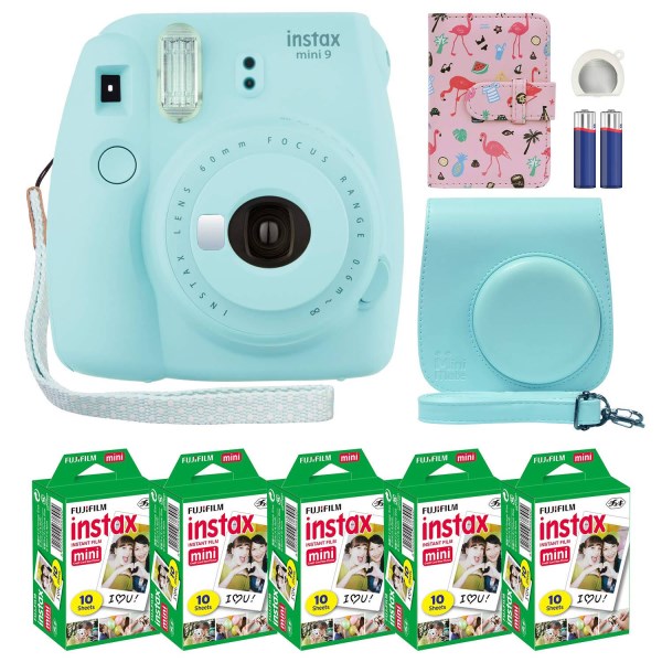 Fujifilm Instax Mini 9 Instant Camera Ice Blue with Custom Case + Fuji Instax Film Value Pack (50 Sheets) Flamingo Designer Photo Album for Fuji