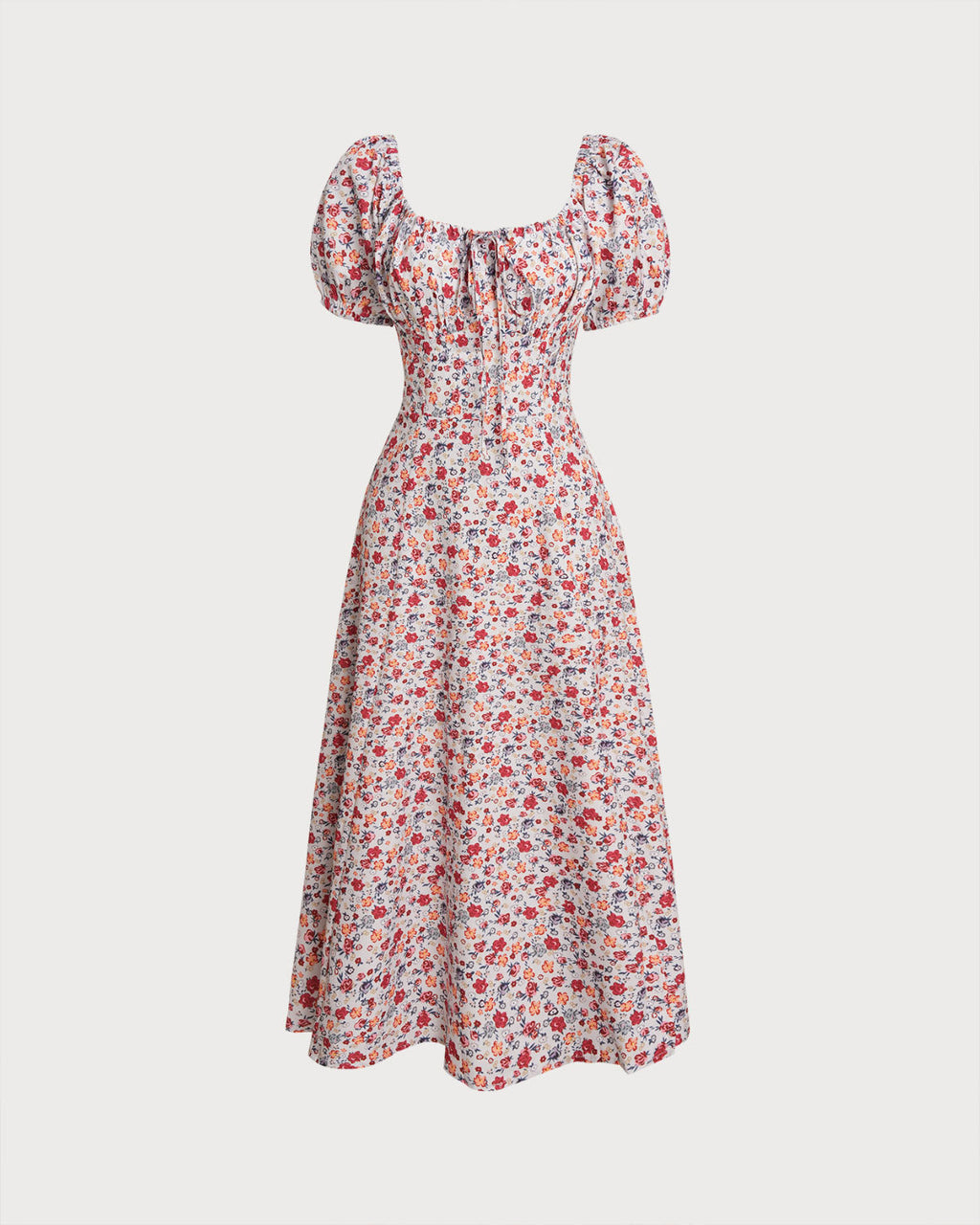 Grey Floral Square Neck Puffed Sleeve Midi Dress