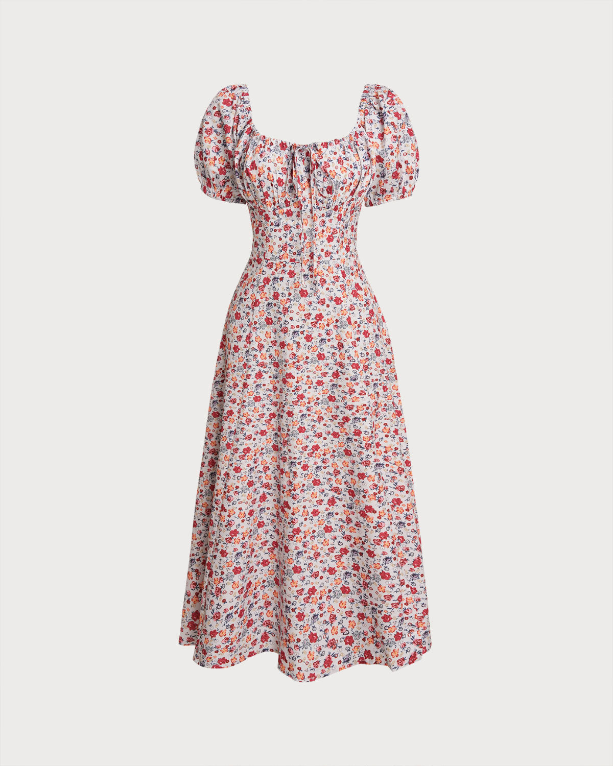 Grey Floral Square Neck Puffed Sleeve Midi Dress