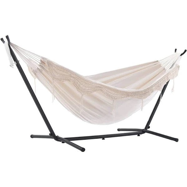 Vivere Combo Tasseled Double Hammock with Stand, White, 9