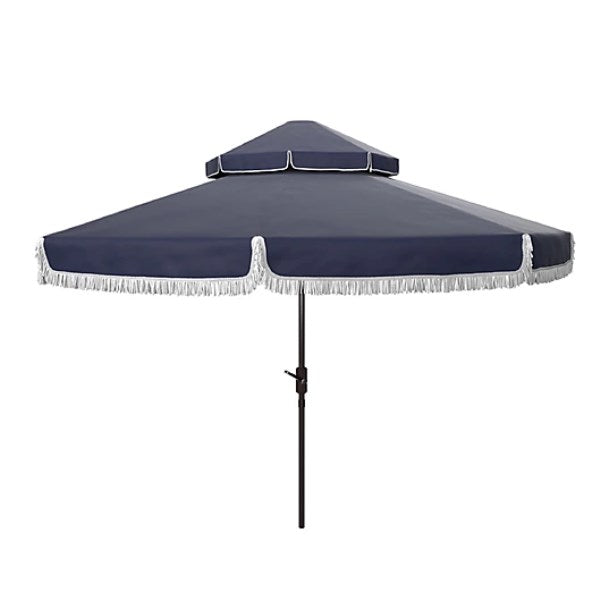 Safavieh Milan Fringe 9ft Double Top Crank Umbrella - Navy,White