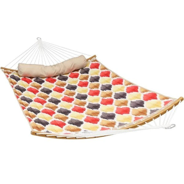 Sunnydaze Decor Quilted Hammock with Curved Spreader Bars - Red and Gold Quatrefoil
