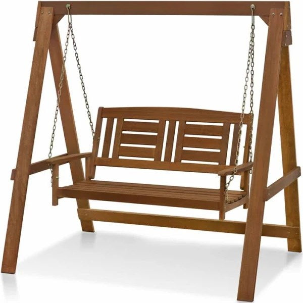 Furinno FG16409 Tioman Hardwood Hanging Porch Swing with Stand in Teak Oil
