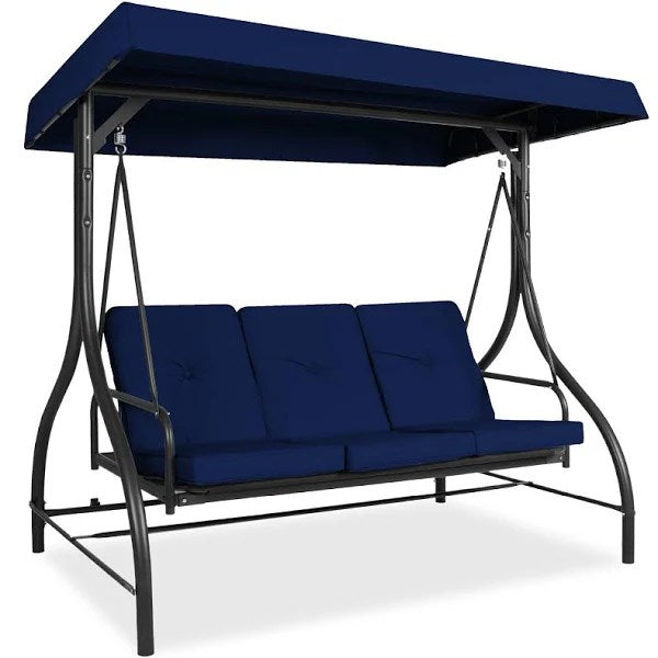 Best Choice Products 3-Seat Outdoor Converting Canopy Swing Glider Patio Hammock Removable Cushions - Navy
