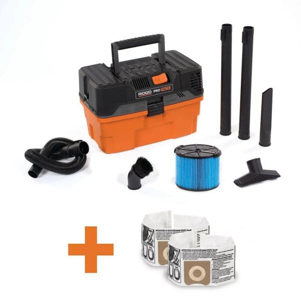 Ridgid 4.5 gal. 5.0-Peak HP Propack Wet/Dry Shop Vacuum with Fine Dust Filter, Expandable Hose, Accessories & 2-Pack Dust Bags, Oranges/Peaches
