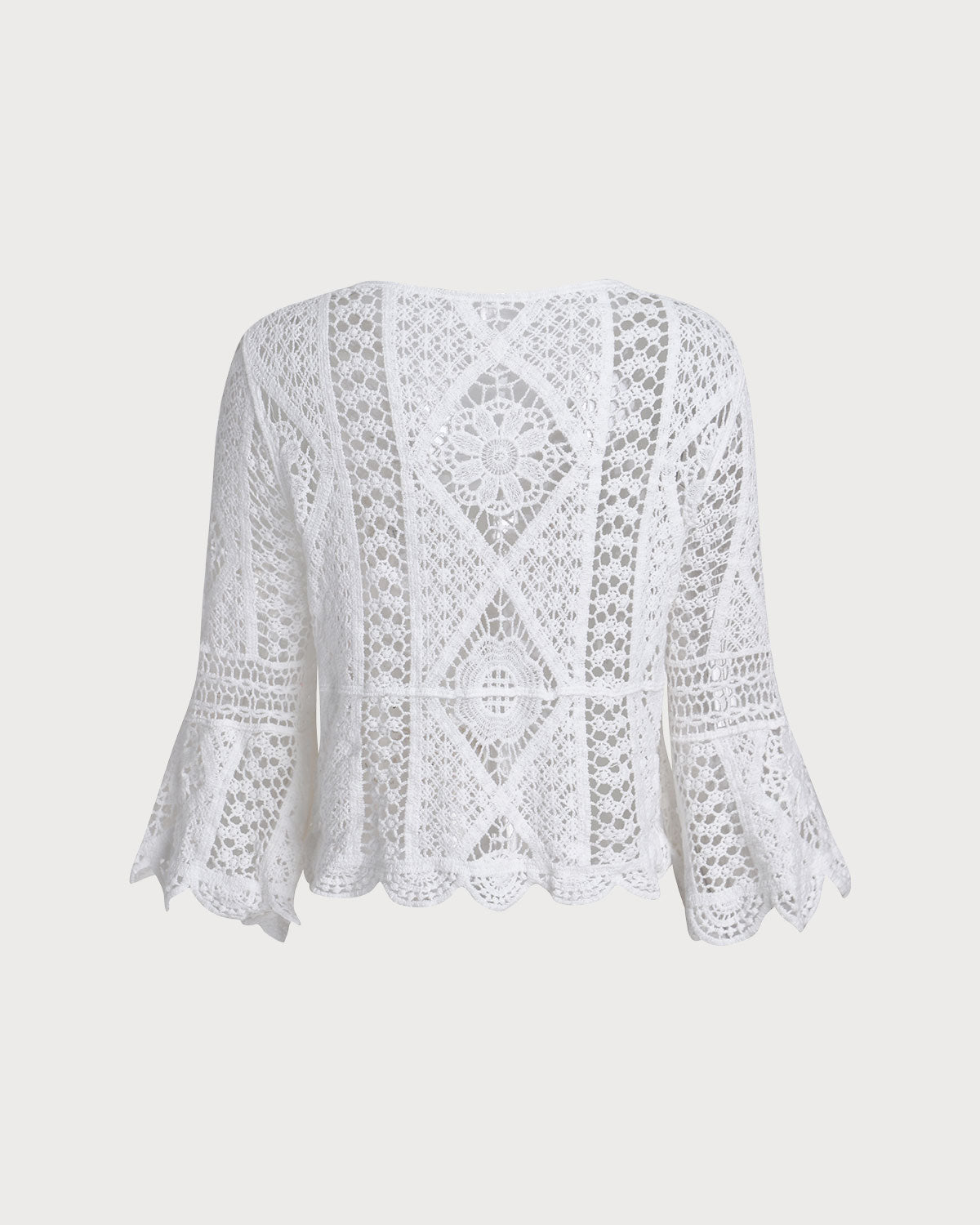 White V Neck Crochet Bell Sleeve Blouse