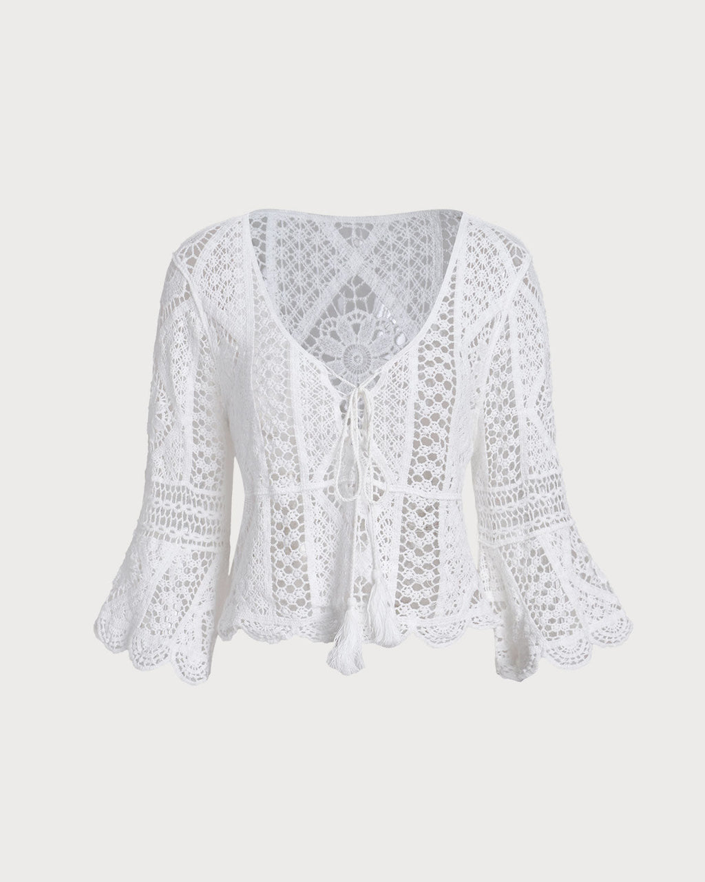White V Neck Crochet Bell Sleeve Blouse