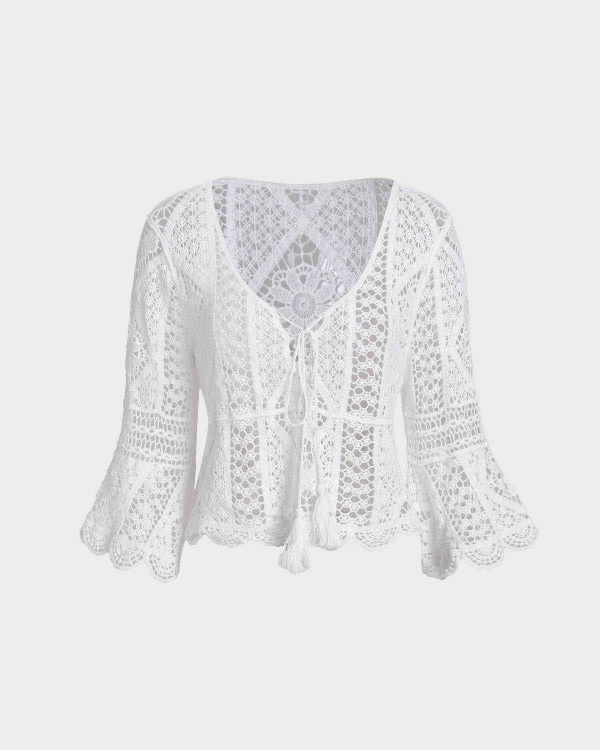 White V Neck Crochet Bell Sleeve Blouse