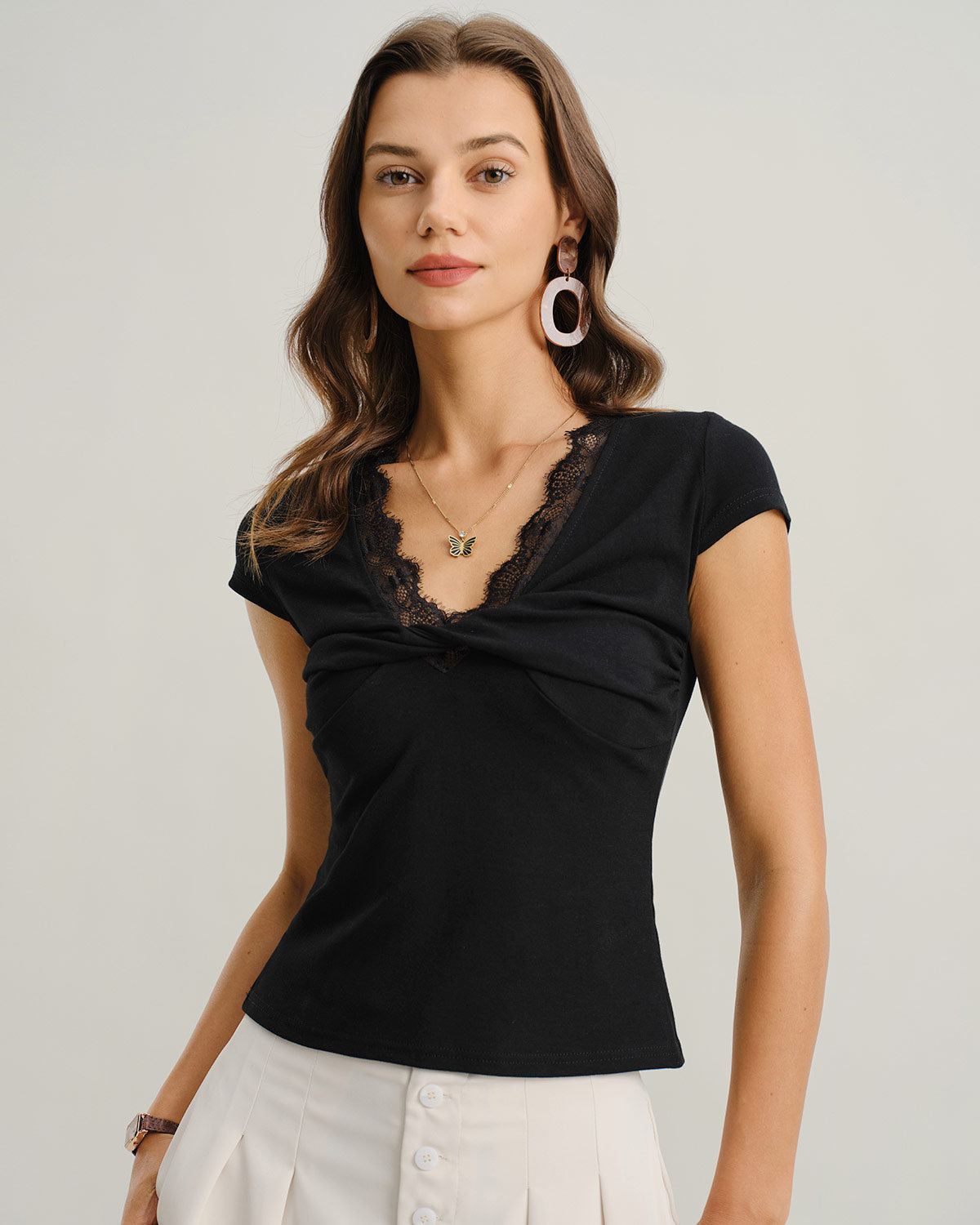 Black V Neck Twist Lace Tee
