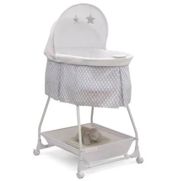 Delta Children Deluxe Soothing Dreams Bassinet with Calming and Convenient Features, Grey Windchime