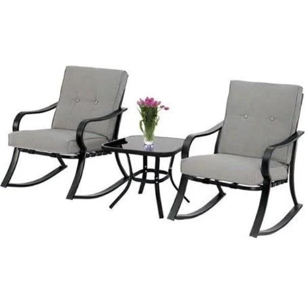 Suncrown Outdoor 3-Piece Rocking Chairs Bistro Set, Black Metal Patio Furniture with Gray Thickened Cushion and Glass-Top Coffee Table