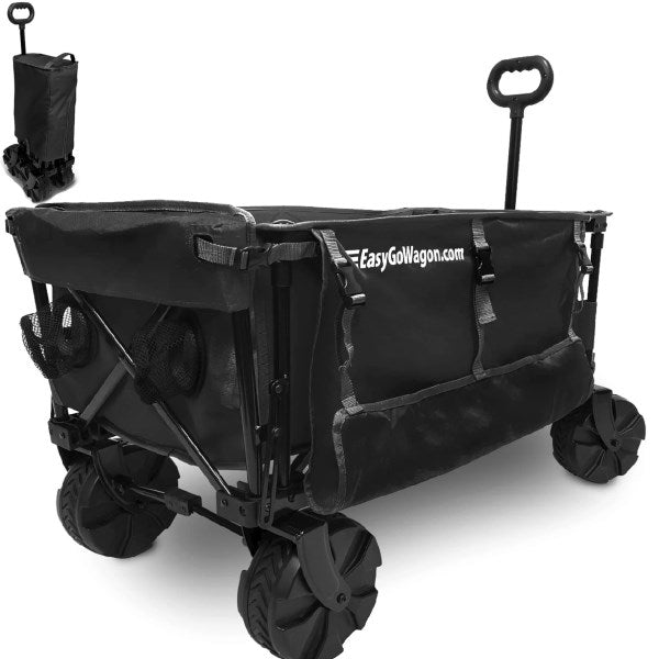 EasyGoProducts Deluxe Folding Beach Wagon - Big Wheel Beach Cart Folding Beach Table and Side Umbrella Holders Black
