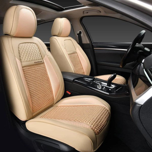 Coverado Front and Back Seat Covers 5 Pieces, Breathable Leather Auto Seat Protectors Full Set, Universal Fit for Most Sedans SUV Pick-Up Truck, Beige 697458