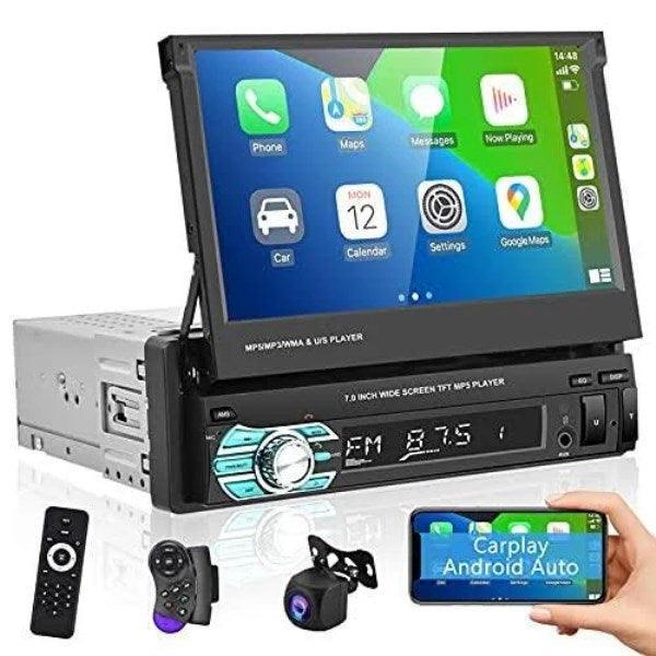 Rimoody Car Stereo with Apple Carplay Android Auto 7 inch Foldable HD Touchscreen Radio Supports FM Bluetooth Android/IOS Mirror Link Swcsingle DIN CA