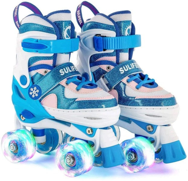 Sulifeel Rainbow Unicorn 4 Size Adjustable Light Up Roller Skates for Girls Boys for Kids