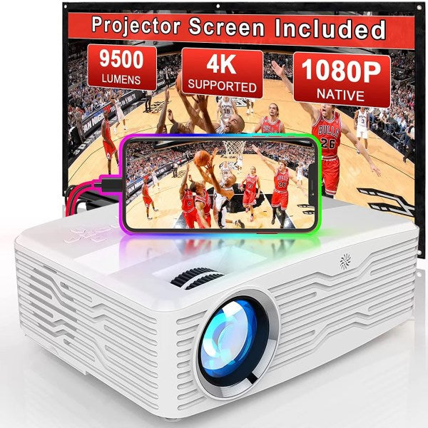 Native 1080p 5G Projector [With 100 Projector Screen], 8500Lumens 300 Display Outdoor Projector, 350 ANSI, 4K Supported, Home Projector for iOS