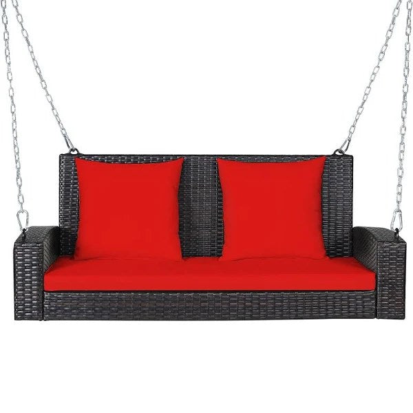 Costway 2-Person Patio Rattan Hanging Porch Swing Bench Chair Cushion Red