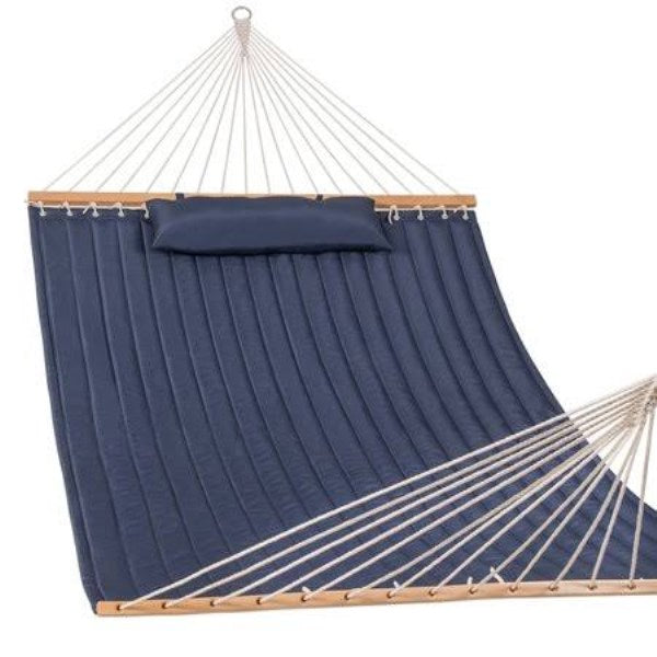 Quilted Fabric Camping Hammock with Pillow Double Size Spreader Bar Blue