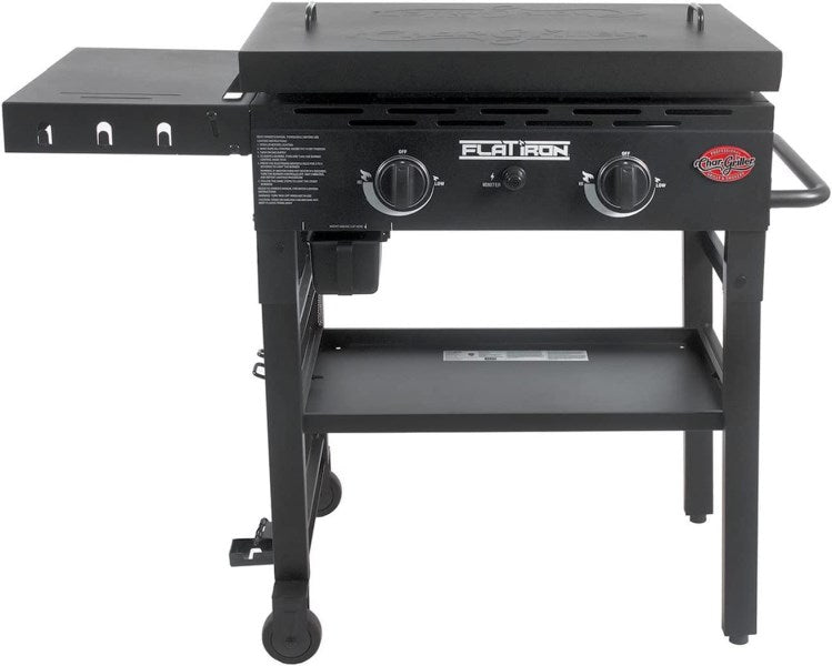 Char-Griller 8128 Flat Iron 2 Burner Outdoor Griddle Lid Gas Grill, Black