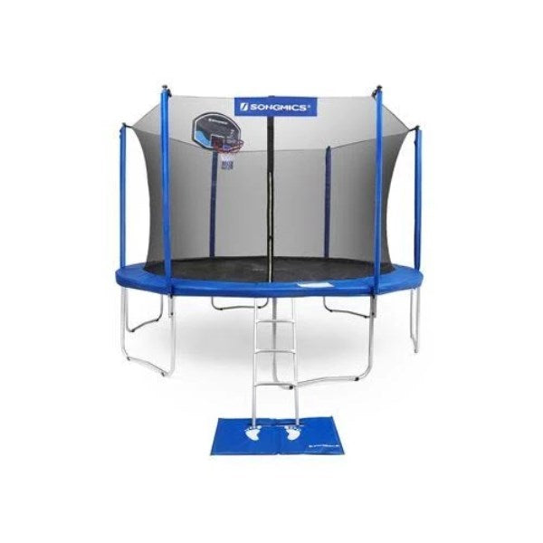 SONGMICS 14ft Outdoor Trampoline for Kids with Basketball Hoop, Blue Black