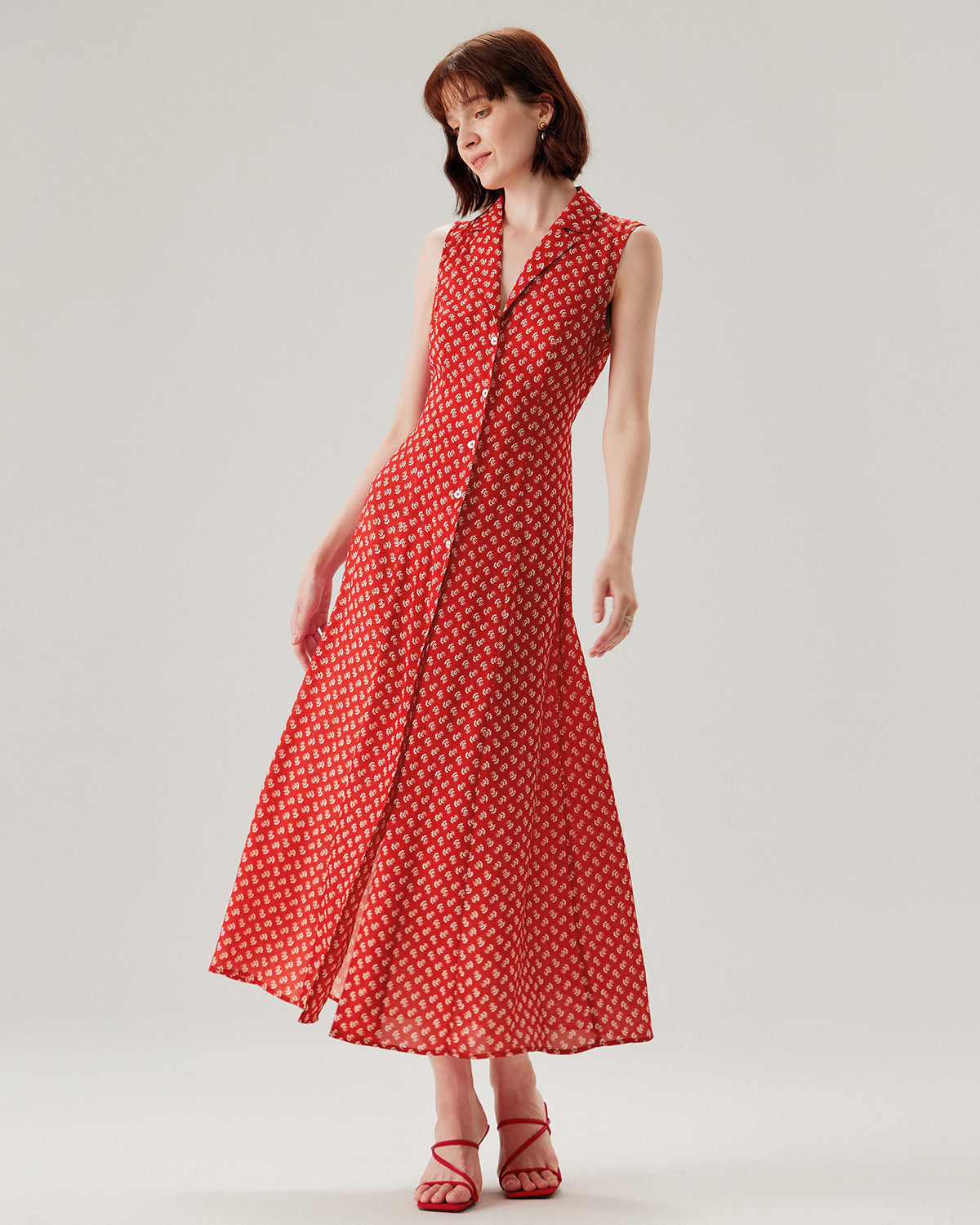 Red Floral Button Sleeveless Maxi Dress