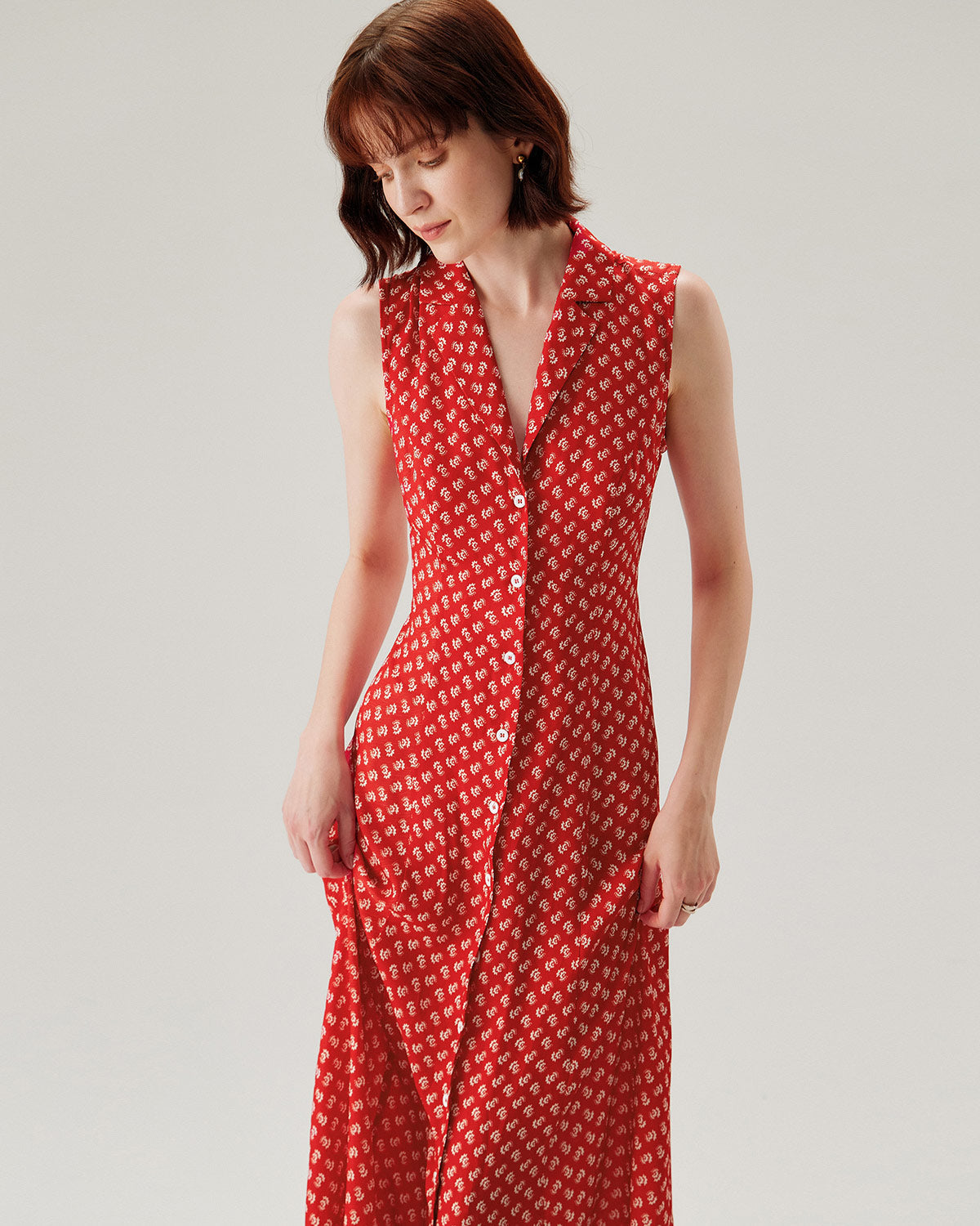 Red Floral Button Sleeveless Maxi Dress