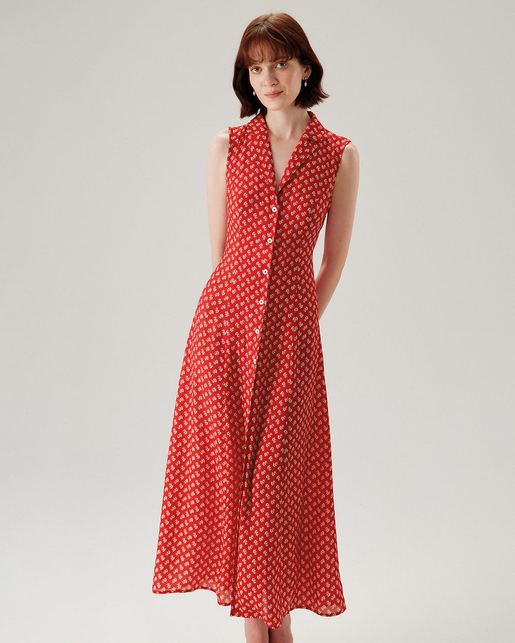 Red Floral Button Sleeveless Maxi Dress