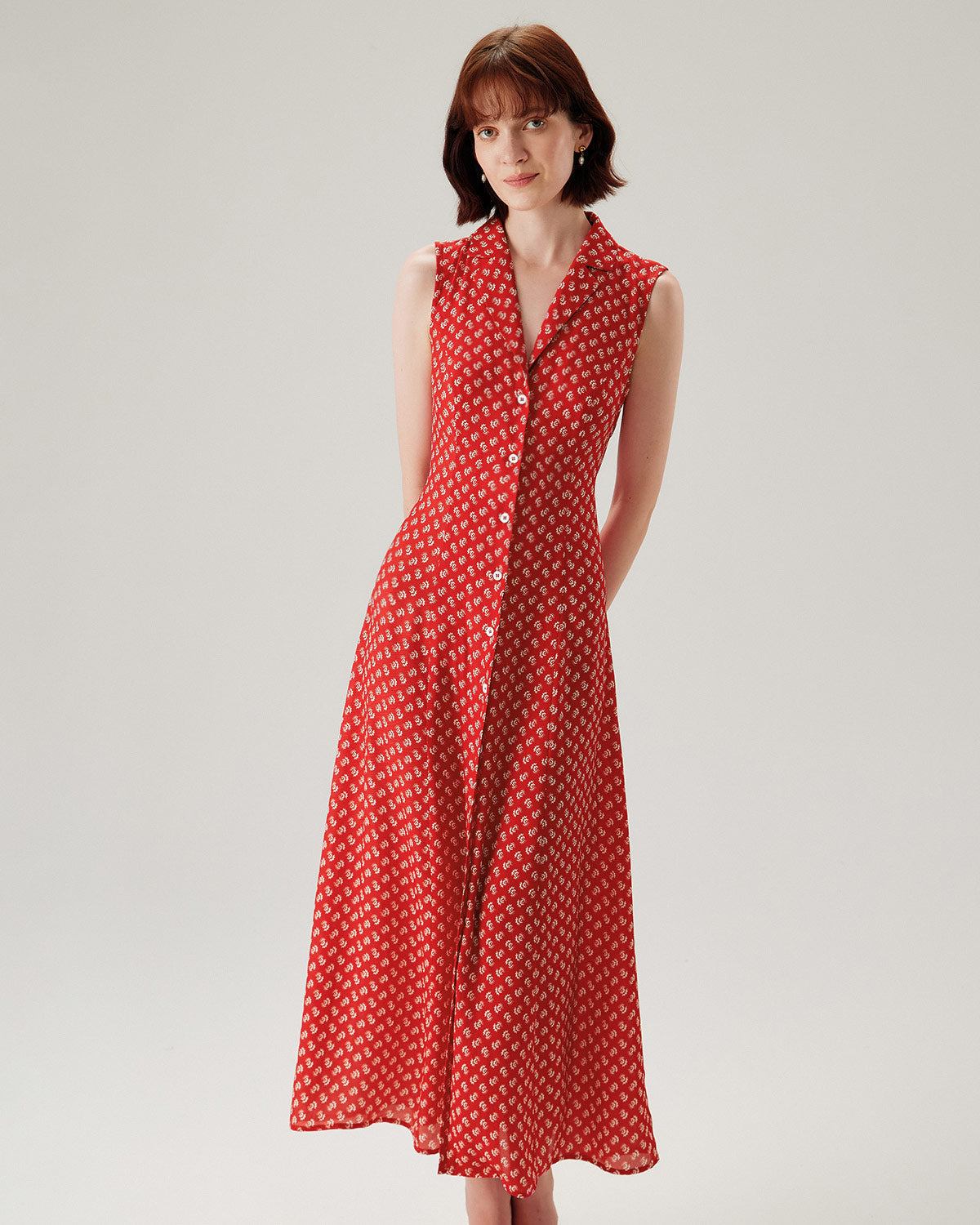 Red Floral Button Sleeveless Maxi Dress