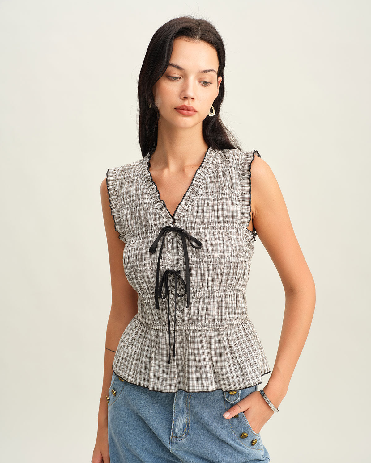 Black Plaid Bowknot Tank Top