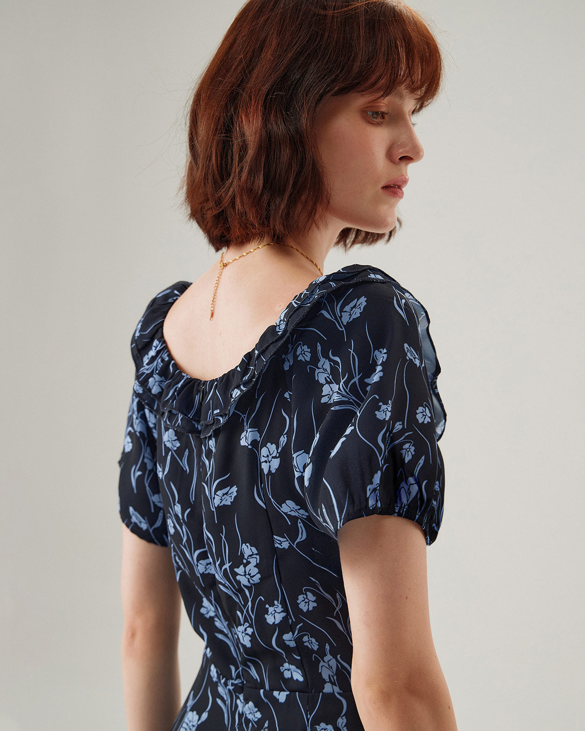 Navy Floral U-Neck Puffed-Sleeve Maxi Dress