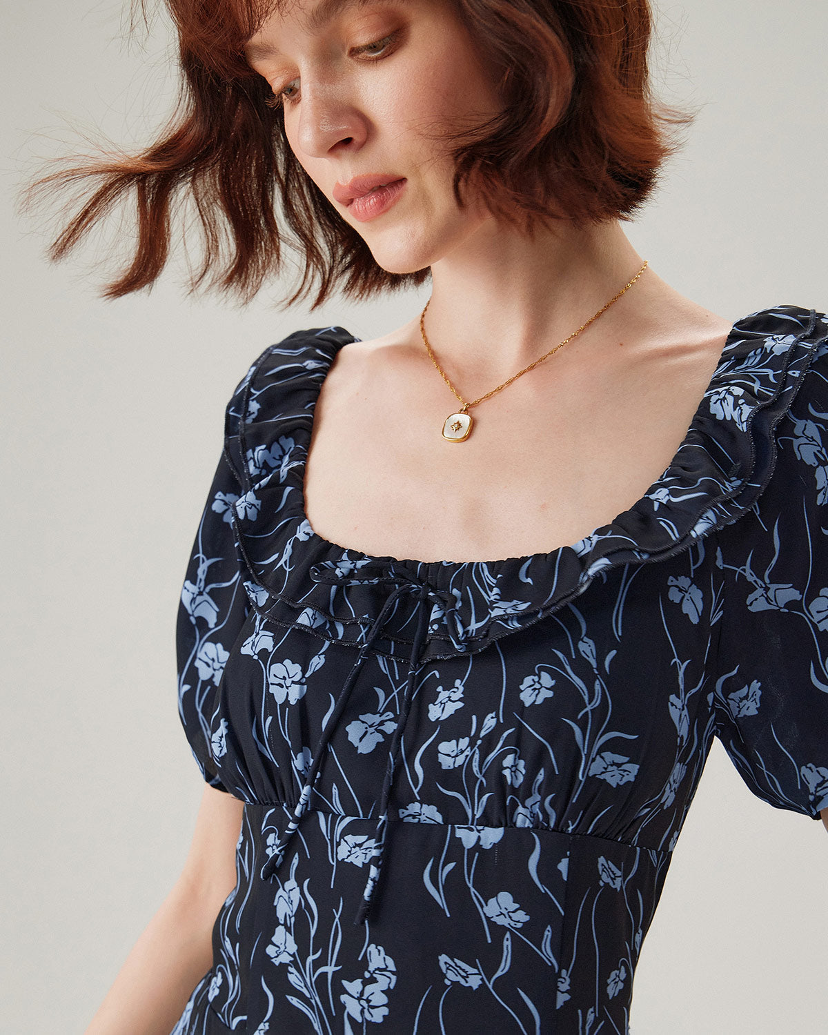 Navy Floral U-Neck Puffed-Sleeve Maxi Dress