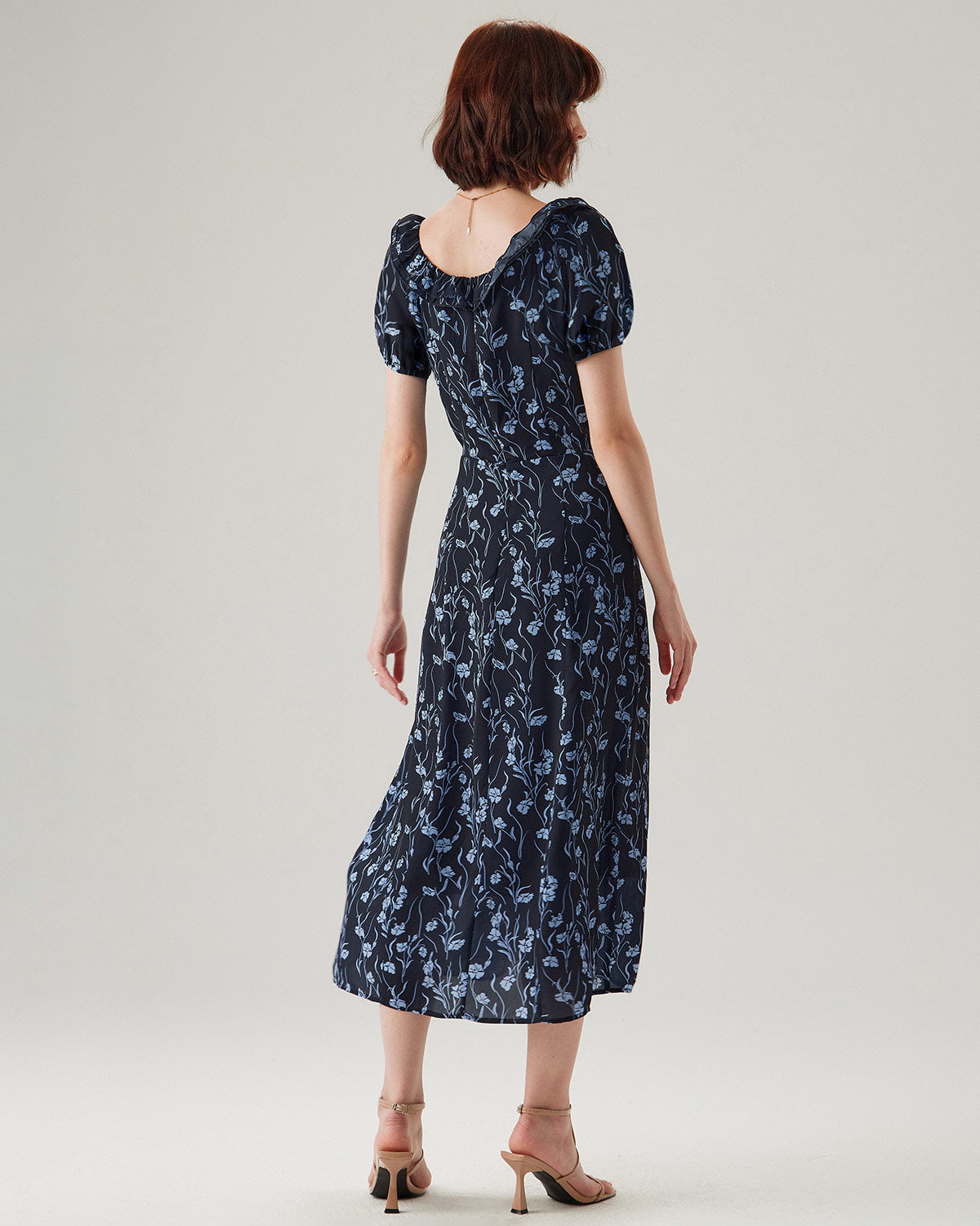 Navy Floral U-Neck Puffed-Sleeve Maxi Dress