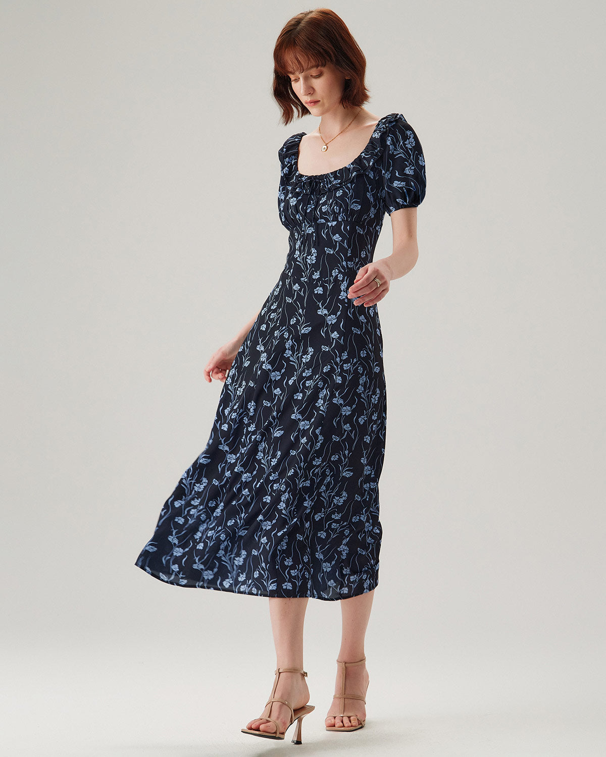 Navy Floral U-Neck Puffed-Sleeve Maxi Dress