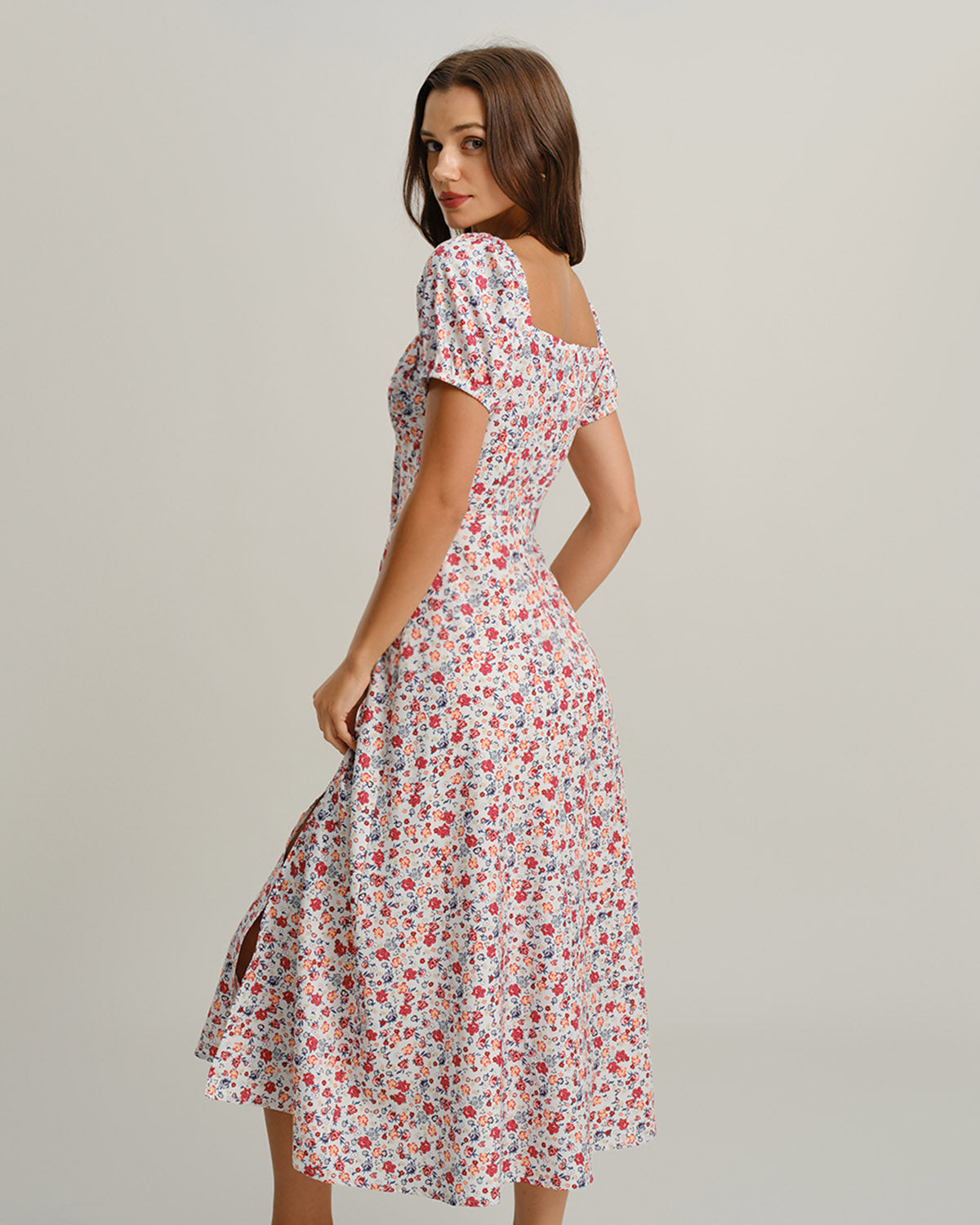 Grey Floral Square Neck Puffed Sleeve Midi Dress