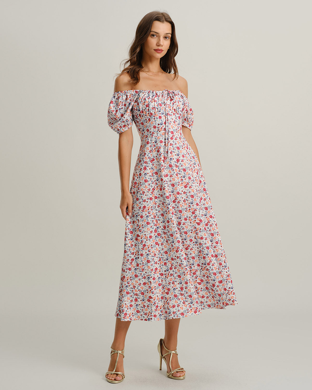 Grey Floral Square Neck Puffed Sleeve Midi Dress