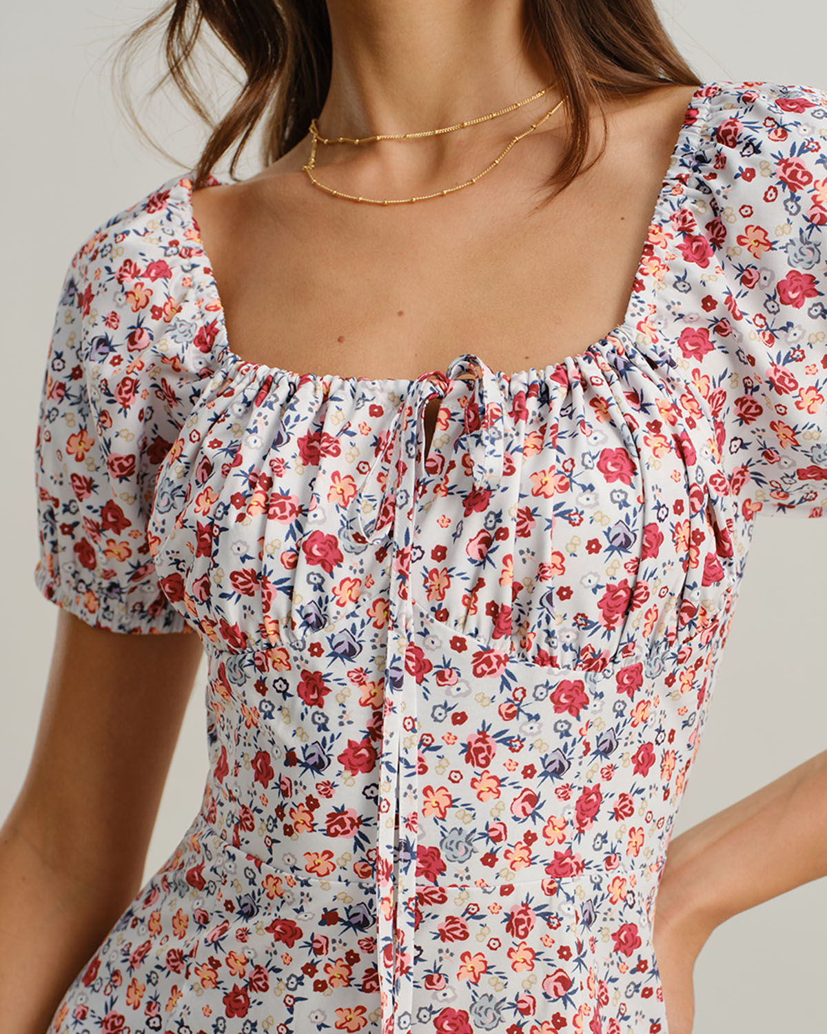 Grey Floral Square Neck Puffed Sleeve Midi Dress